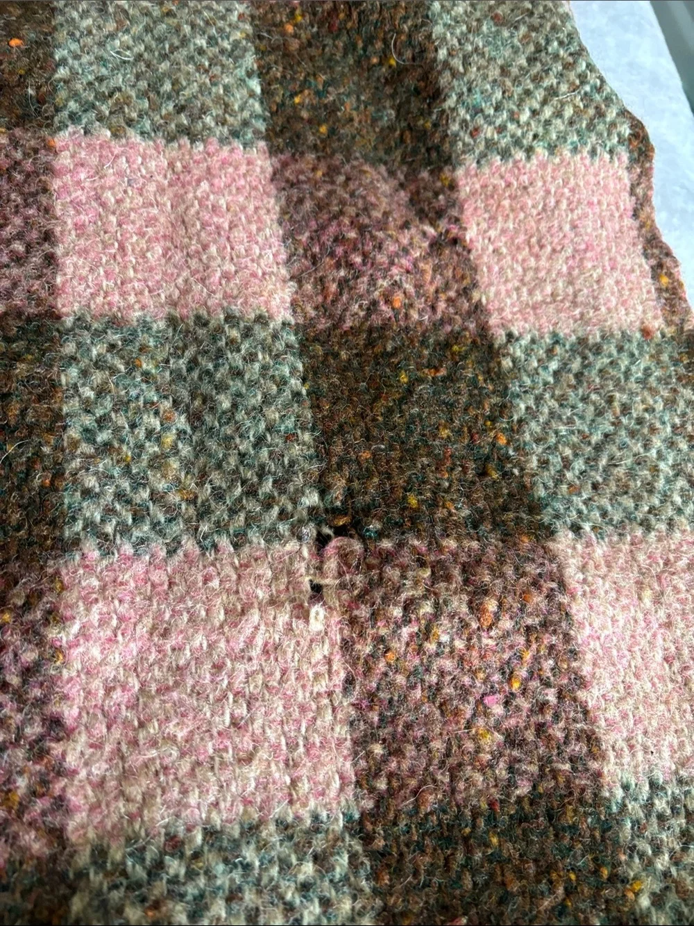 Wool Plaid Fringe Throw Blanket in Pink and Brown